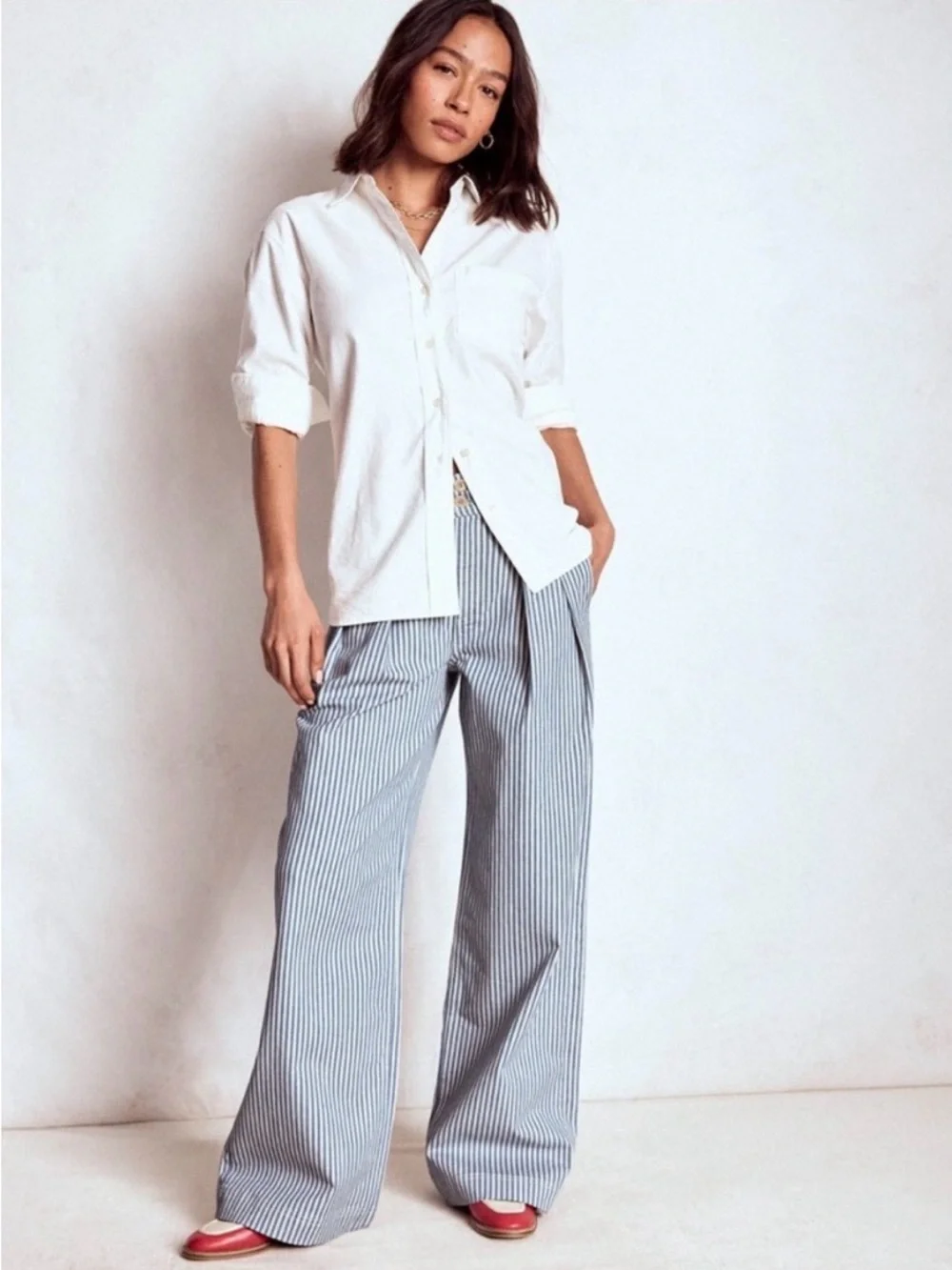 Boden Brompton Wide Leg Trousers in Blue Stripe size 12R - Picture 2 of 12